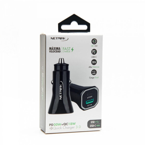 Cargador para auto 12V con salida USB 3.0 y Tipo C - Netmak NM-UCC7
