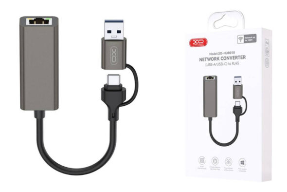 Adaptador de red USB A + USB Tipo C a RJ45 10/100 Mbps Ethernet- XO-HUB018