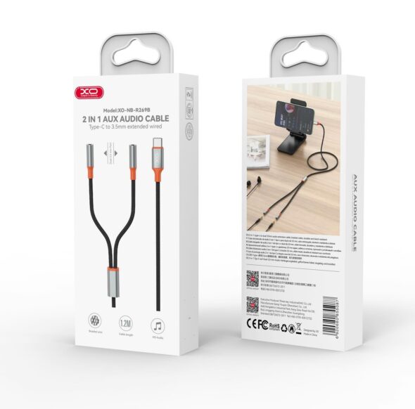 Cable de audio USB tipo C (macho) con salida a dos Plug 3.5 (hembra) - XO-NB-R269B - Image 2