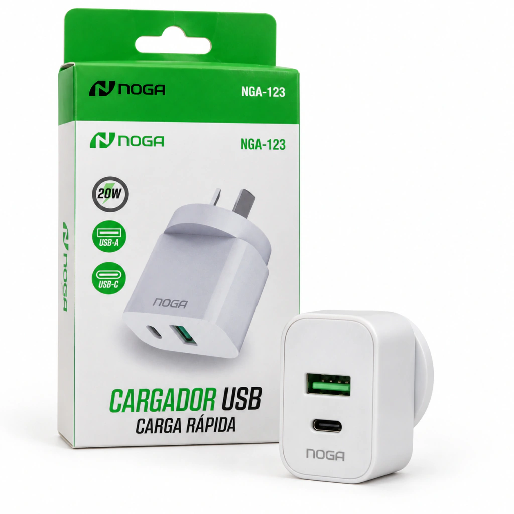 CARGADOR 220V DE CARGA RÁPIDA DOBLE USB 2.0 + USB TIPO C - NOGA NGA-123