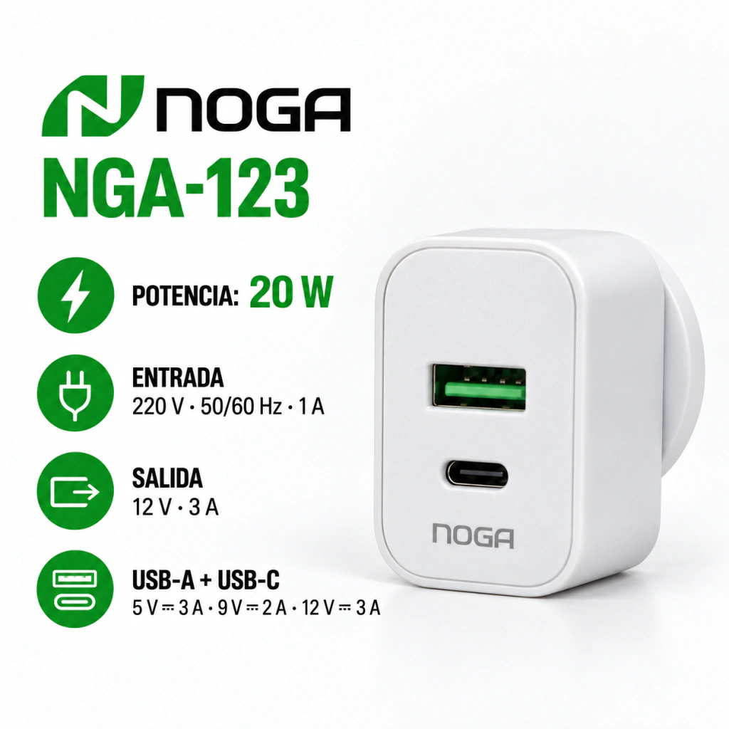 CARGADOR 220V DE CARGA RÁPIDA DOBLE USB 2.0 + USB TIPO C - NOGA NGA-123 - Image 3